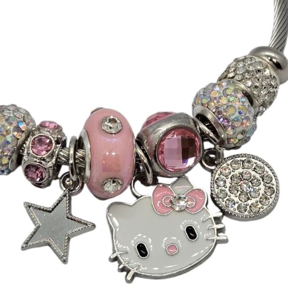 Hello Kitty Beaded Charm Bracelet Pink Rhinestone Silver Heart Bow Cat Jewelry - Picture 4 of 7